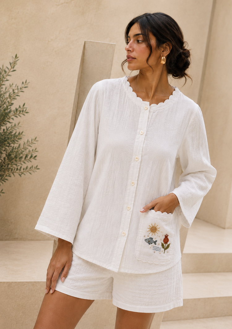 Woman in white cotton Coord set - cords Theory