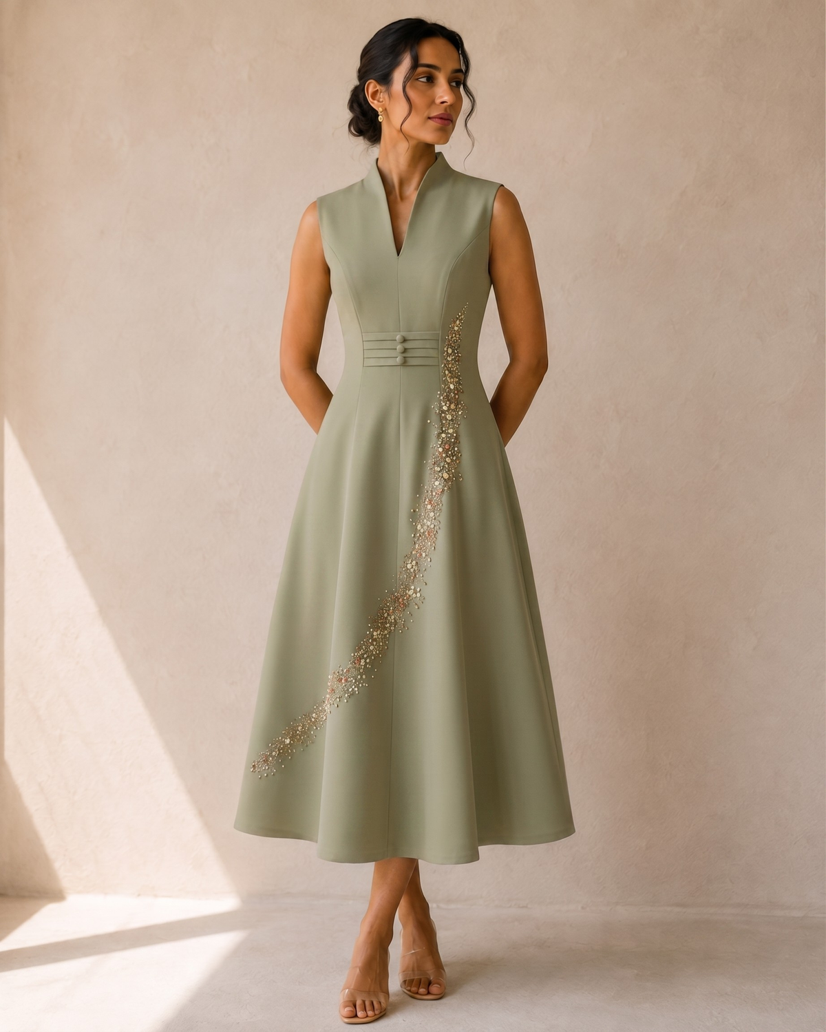 A woman models a cords theory sleeveless sage green midi dress with a structured waist, V-neckline, and a diagonal line of beadwork on the skirt.