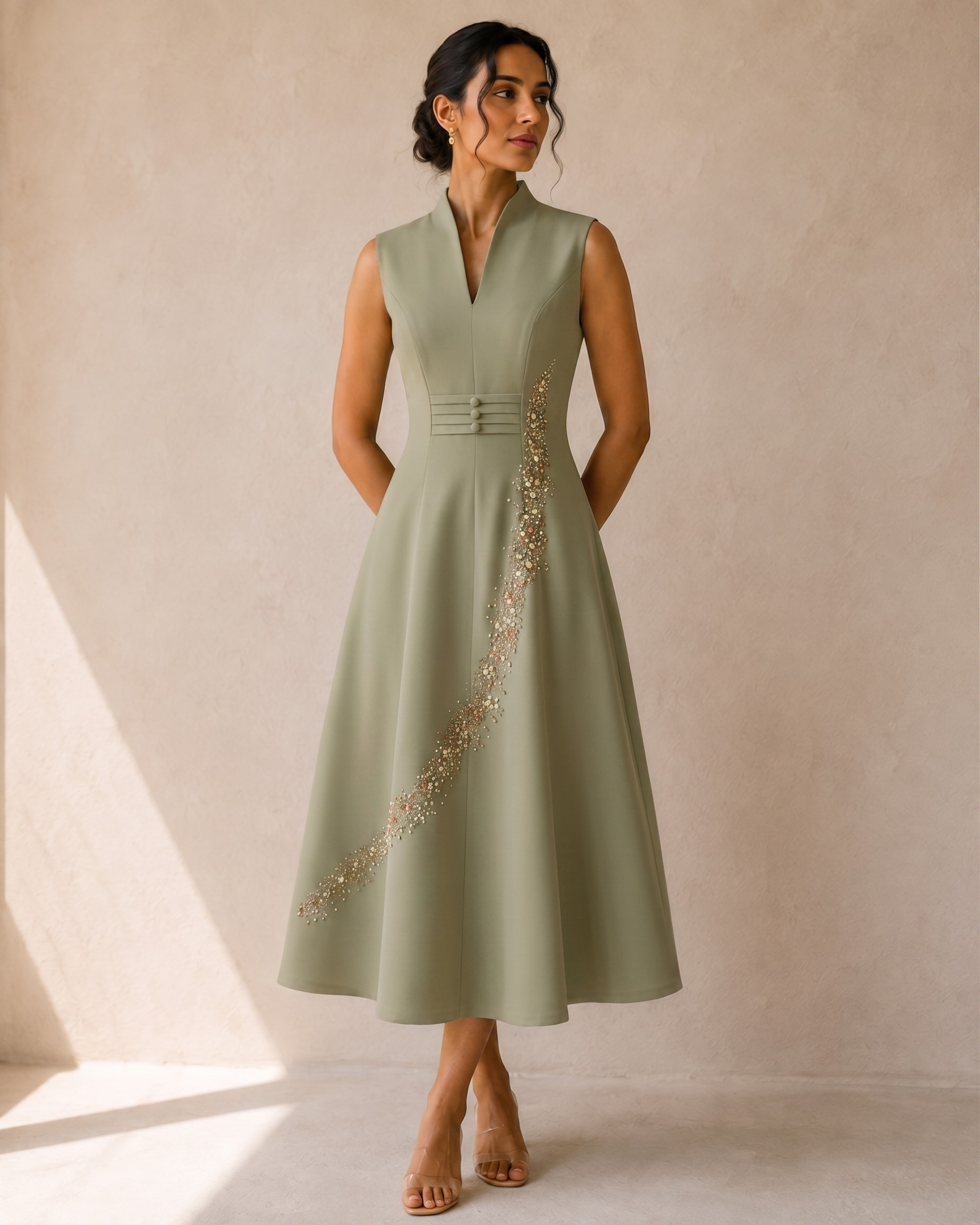 A woman models a cords theory sleeveless sage green midi dress with a structured waist, V-neckline, and a diagonal line of beadwork on the skirt.