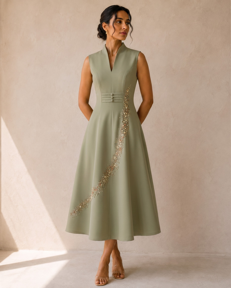 A woman models a cords theory sleeveless sage green midi dress with a structured waist, V-neckline, and a diagonal line of beadwork on the skirt.