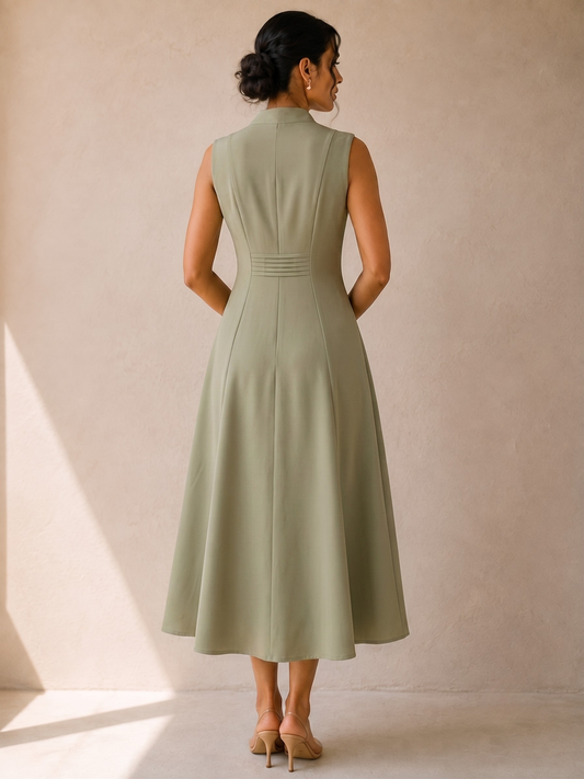 A woman stands with her back to the camera wearing a cords theory sleeveless, high-neck, A-line midi dress in sage green. The dress features structured shoulders, a defined waist with subtle horizontal pleating, and a flared skirt.