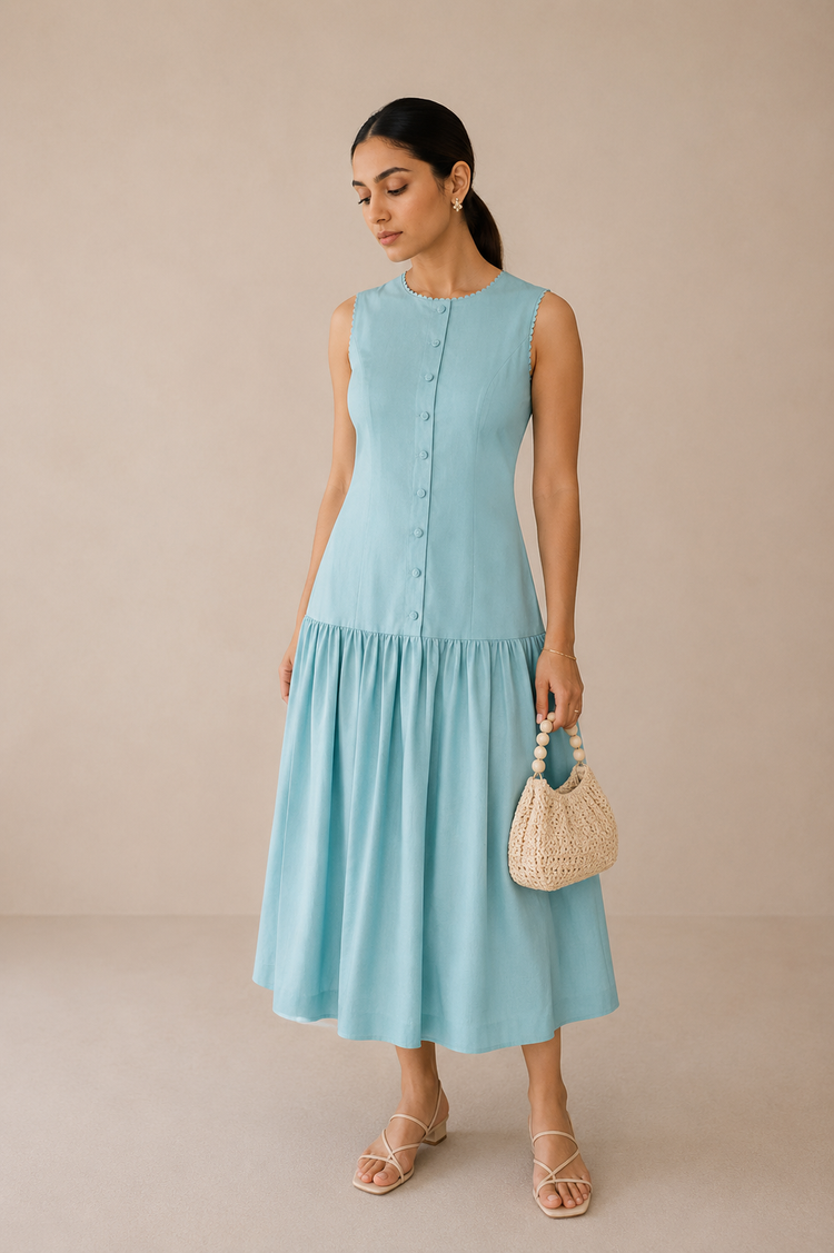 A woman modeling a cords theory sleeveless light blue tiered midi dress with a buttoned front, standing, holding a small woven handbag.