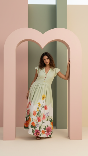 Celadon Bloom botanical print linen dress — editorial styled shot