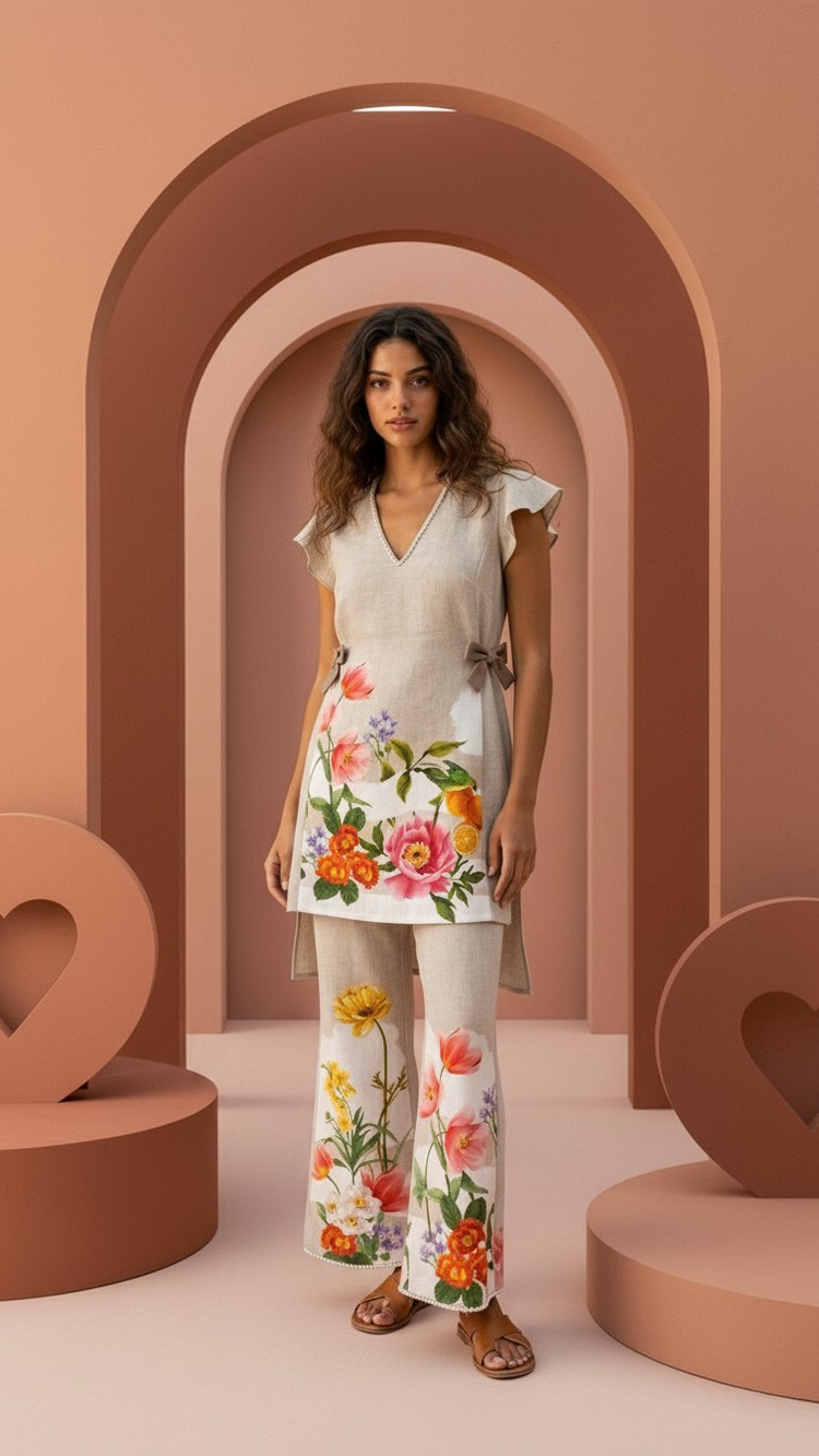 Desert Sand Bloom Linen Set in desert sand — front view
