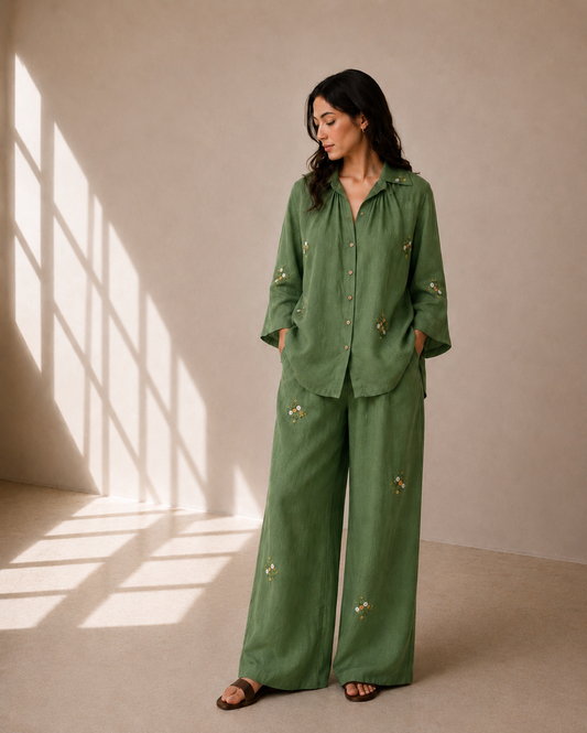 Women in Linen coord set with web roses hand embroidery -Front view
