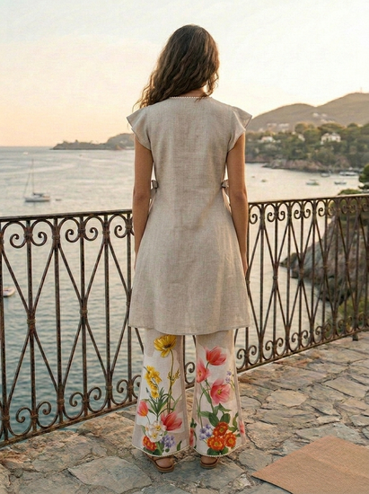Desert Sand Bloom Linen Set — back shot