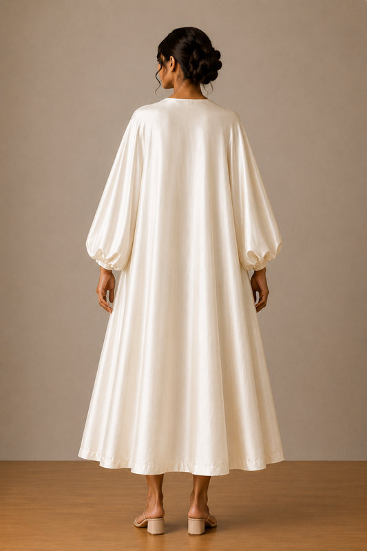 A woman viewed from the back wearing a flowing ivory satin midi dress from cords  theory with voluminous balloon sleeves, standing against a neutral beige studio backdrop.