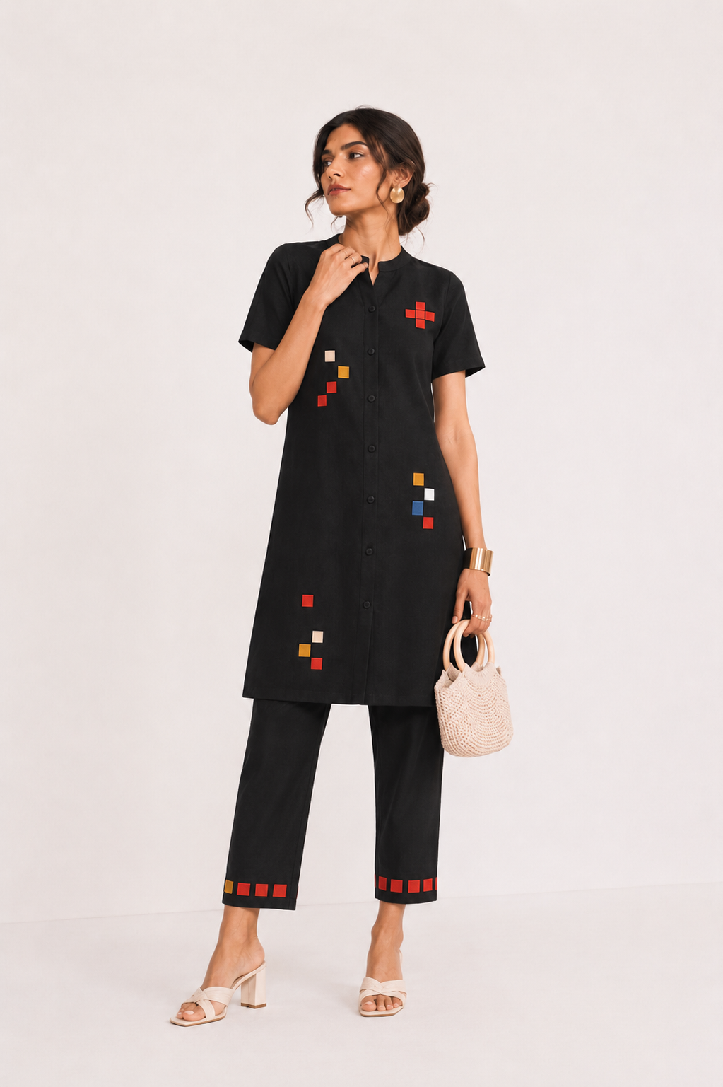 Woman Wearing pixelated Black cotton tunic Coord Set- Cords Theory