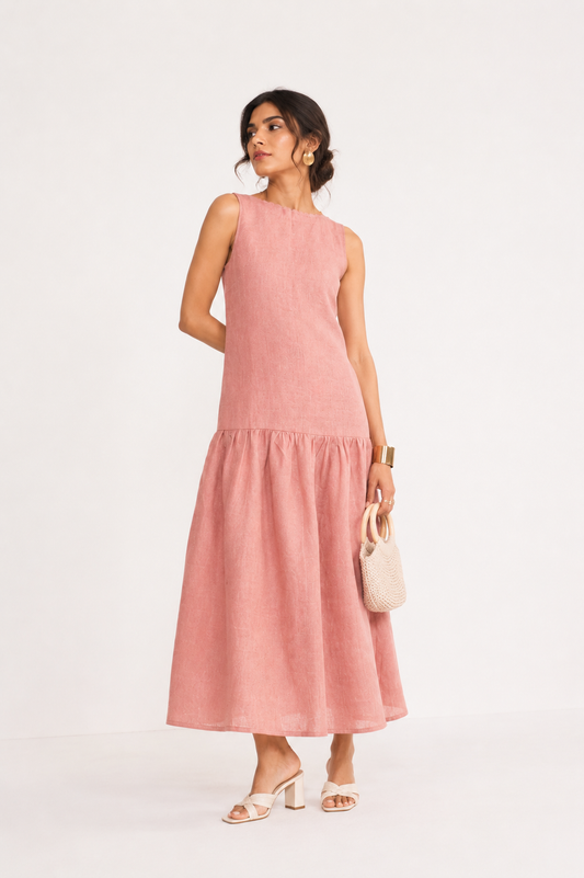 Woman wearing a pink Linen dress of Cords Theory