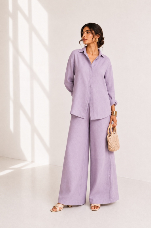 A woman models a matching lavender two-piece lounge set consisting of a long-sleeve button-up shirt and wide-leg trousers, styled with a small beige handbag and sandals in a brightly lit studio.
